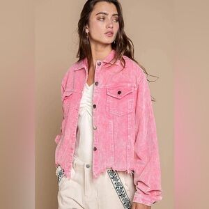 POL Believe In Love Corduroy Distressed Button Down Jacket  in Bubblegum Pink